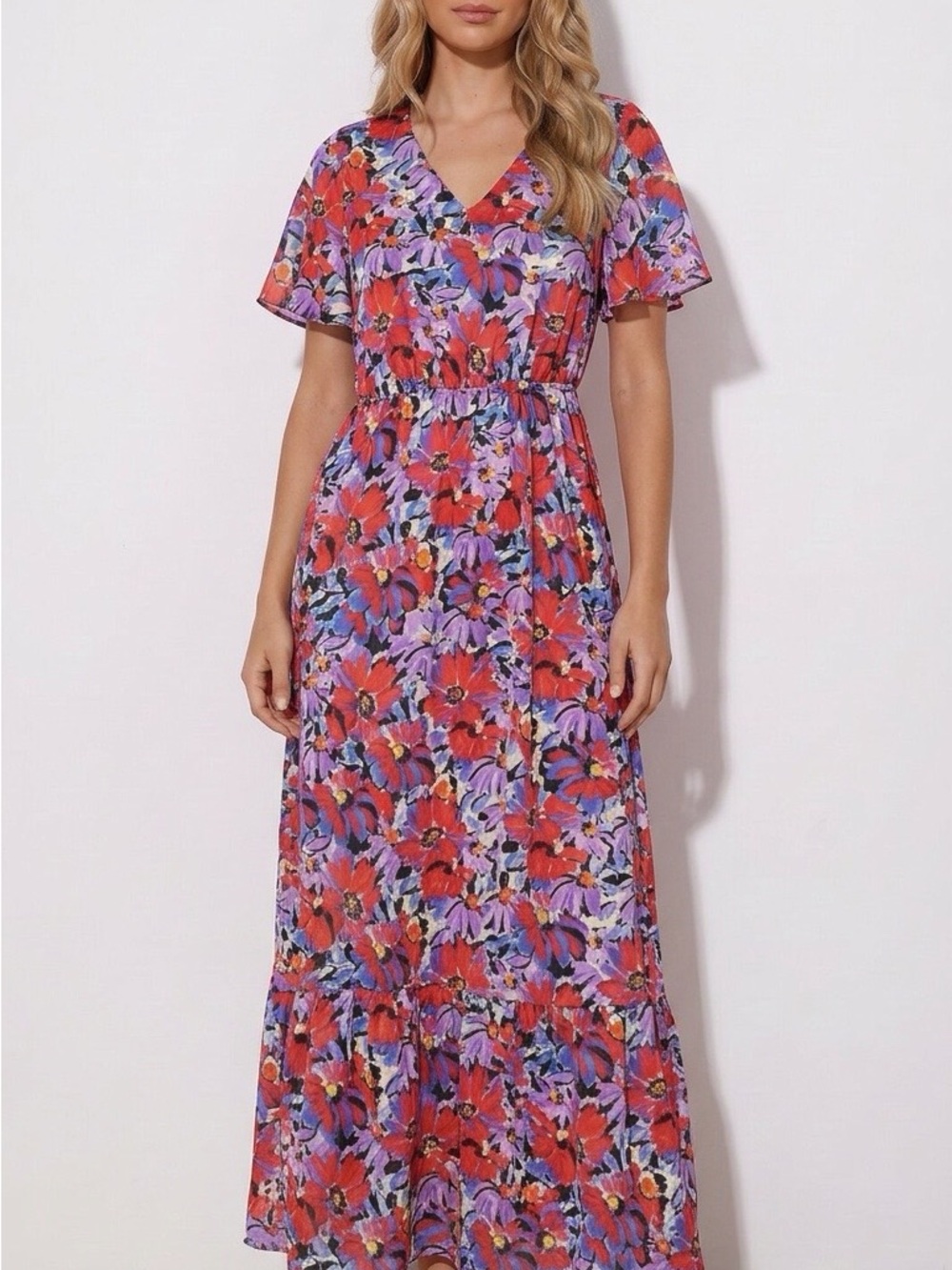Caribbean Joe Red and Purple Floral V-Neck Maxi Dress-71
